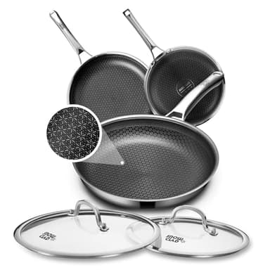 OATOFP Non Stick Frying Pans Set with 2 Lid, Hybrid Skillet Set Nonstick (8+10+12inch), Pans for cooking, PFOA Free Stainless Steel Kitchen set, Dishwasher and Oven-Safe Cookware Sets