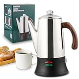 APOXCON Electric Coffee Percolator Stainless Steel Coffee Maker with Heat Resistant Tough Glass Knob and Treated Solid Wood Handle Cordless Serving Auto Keep Warm Coffee Pot with On/OFF Switch (8 Cup)