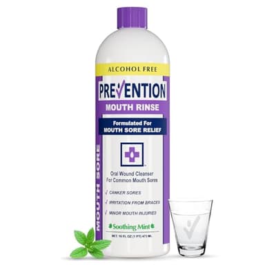 Prevention Mouth Sore Mouth Rinse, Canker Sore Treatment, Oral Pain Relief Mouthwash for Ulcers and Sores, Braces, with Hydrogen Peroxide, Alcohol-Free, Fluoride Free, 16 oz, Soothing Mint, 1 Pack