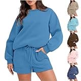 Scuba Dupes Sweatshirt Sweatsuits For Women Set 2 Piece Outfit Long Sleeve Crewneck Sweatshirt With Shorts Matching Lounge Set Tracksuit Blue M