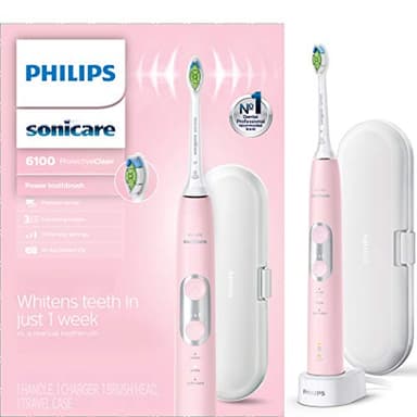 Philips Sonicare ProtectiveClean 6100 Rechargeable Electric Toothbrush, with Pressure Sensor, 3 Cleaning Modes, SmarTimer and QuadPacer, 14-Day Battery Life, Travel Case, Pink, Model HX6876/21