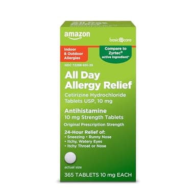 Amazon Basic Care All Day Allergy, Cetirizine Hydrochloride Tablets, 10 mg, 24-Hour Relief for Sneezing, Runny Nose, Itchy Eyes & Throat, Indoor & Outdoor Allergy Relief, 365 Count