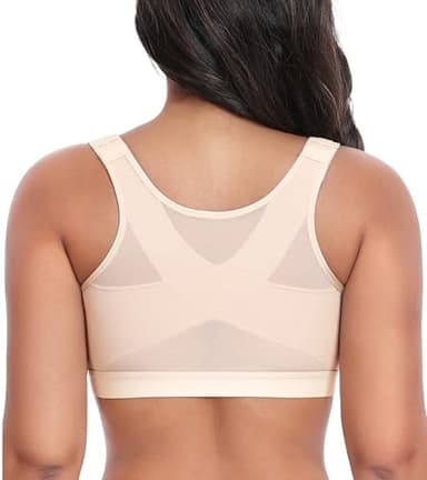 HACI Women's Front Closure Posture Bra Full Coverage Back Support Wireless Comfy Unpadded(Beige,32B)