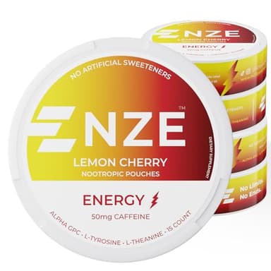 NZE Caffeine Nootropic Pouches (Lemon Cherry) - Energy Pouches with 50mg Caffeine, Alpha GPC, L-Tyrosine & L-Theanine No Sugar or Artificial Sweeteners - 15 Pouches Per Can - 5 Pack