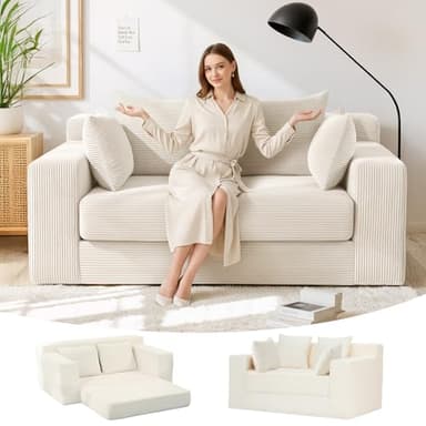 Boneless Loveseat Sleeper Sofa Bed, 3-in-1 Convertible Sofa Bed and Floor Futon with 4 Pillows, 55" Beige Boneless Couch for Living Room, Guest Room, Small Space, No Assembly Required, Corduroy