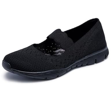 Skechers Women's Seager - Power Hitter - Engineered Knit Mary Jane Shoe, Black/Black, 8 M US