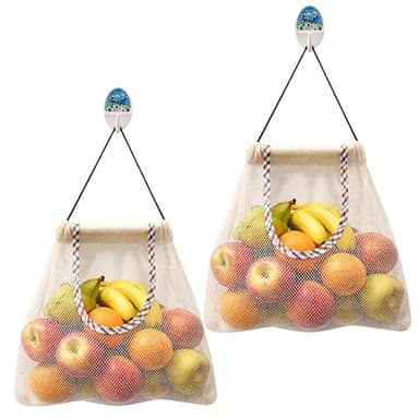 Durable Reusable Hanging Storage Mesh Bags for Fruits, Vegetables, Garlic, Ginger & Potatoes, Kitchen Storage Mesh Bag, Breathable Storage Bags for Pantry, Home Decor & Kitchen Decor (2 white bags)
