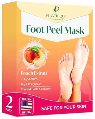 PLANTIFIQUE Foot Peeling Mask 2 Pack | Dermatologically Tested Repairs Heels & Removes Dry Dead Skin for Baby Soft Feet | Exfoliating Foot Peel Mask for Dry Cracked Feet | Peach