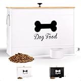 Dog Food Container Airtight 15-20 lb (50 Cup) Capacity with Metal Scoop - Cute Airtight Dog Food Storage Container with Bamboo Lid - White Metal Kibble Storage Bin for Dogs up to 100 lbs - Big Pet Jar