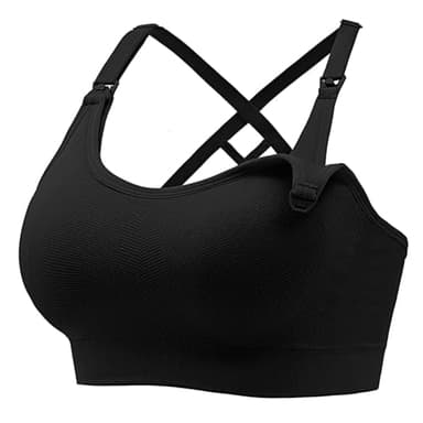 Angelhood Nursing Bras for Breastfeeding, Seamless Nursing Sports Bra Medium Impact Support Maternity Bras for Pregnancy, M Black