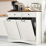 Spurgehom Double Tilt Out Trash Cabinet 13 Gallon Kitchen Waste Bins, Laundry Hamper Tilt Out Pet Proof Hidden Trash Bin for Kitchen, Antique White