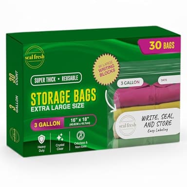 Seal Fresh 3 Gallon Large Plastic Storage Bags – 16" x 18" (30 Count) – Reusuable XXL Extra Large Heavy Duty Clear Jumbo Freezer Zip Lock Bags with Sealable Zipper Top For Clothes, Travel, Moving