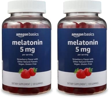 Amazon Basics Melatonin 5mg, Strawberry (Previously Solimo) 120 Gummies (2 per Serving) (Pack of 2)