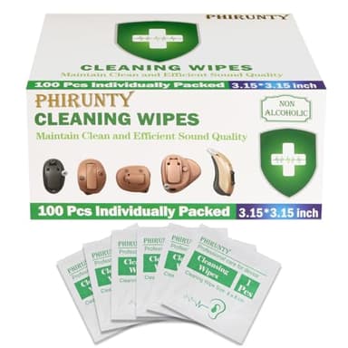 Phirunty 100 Count Hearing Aids Cleaning Wipes Individually Packaged, Hearing Aid Audio Wipe Cleaning Tool Kit Supplies Hearing Aid Accessories, Suitable for All Hearing Aid Brand and Hearing Aid Type