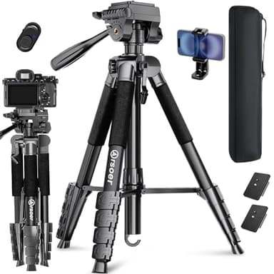 Camera Tripod, 74" DSLR Camera Tripod with 2 QR Plates for Sony/Nikon/Canon, Lightweight Video Tripod Stand for Travelling, Phone Tripod with Fluid Head/Phone Holder/Wireless Remote Max.Load 6kg