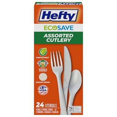 Hefty ECOSAVE Compostable Assorted Cutlery Set, Utensils for BBQs, Tailgates, Camping, Parties, and More, Includes 8 Forks, 8 Spoons, and 8 Knives, Compostable, Sustainable Design, 24 Count