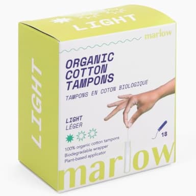 Marlow 100% Organic Cotton Easy Glide Tampons with Compact Plant Based BPA Free Applicator, Chlorine Free, Toxin Free, Hypoallergenic, Dermatologically Tested, Fragrance Free, Light, 18 Count