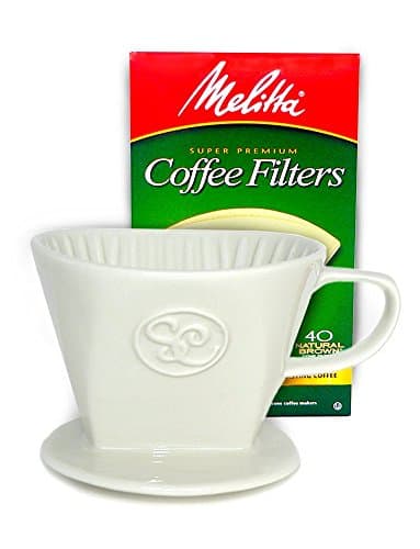 Simply Charmed Ceramic Pour Over Coffee Maker with 40 Count Melitta Filters - Elegant Single Serve Coffee Dripper for Rich Brewed Pour Over Coffee - Base Measures 4", Height 3" - Brews 8-16 oz