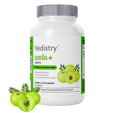 Vedistry Amla Supplement 1100mg Indian Gooseberry Tablet with Long Pepper for Immunity & Energy Herbal Supplement Rich in Vitamin C & Antioxidant for Hair Growth, Energy & Overall Wellness– 60 Tablets