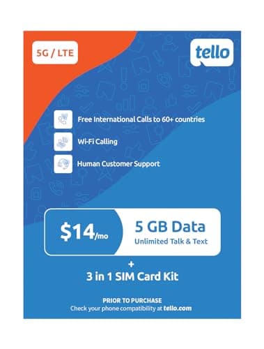 $14/Month - 5GB Data + Unlimited Minutes & Texts | Tello Mobile Prepaid Phone Plan | Bring Your Own Phone Kit | 3 in 1 SIM Card Included | US Nation-Wide 4G LTE/5G Coverage