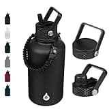 BJPKPK Half Gallon Insulated Water Bottles with Straw Lid, 64oz Large Water Jug, Stainless Steel Bottles with 3 Lids and Paracord Handle, Thermos for Hot & Cold Liquid, Black