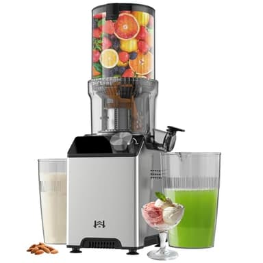 WHUTO Cold Press Juicer, Wide Feed Chute Juicer Machines, Stainless Steel Slow Masticating Juicers Easy to Clean, Vegetables & Fruits Juice Extractor, High Juice Yield, Gray Knob