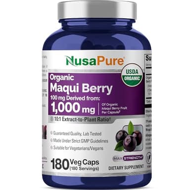 NusaPure USDA Organic Maqui Berry 10:1 Extract, 100 mg Equivalent to 1,000 mg 180 Veg Caps Suitable for Vegetarians and Vegans, Non-GMO