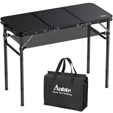Anbte Folding Camping Table with Storage Net, 3ft Camping Table Aluminum Folding Table with 3 Adjustable Height Max 27.5 Inch Picnic Table Portable Table for Outdoor Backyard BBQ, Pure Black