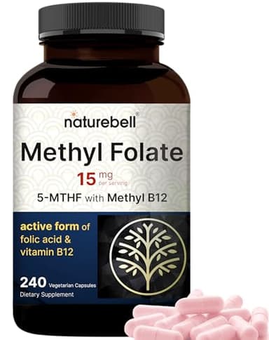 NatureBell Methyl Folate 15mg - 240 Capsules - 5-MTHF with Methyl B12-15mg L-Methylfolate & 1,000mcg Vitamin B12 - Energy & Cognitive Support Supplement* - Gluten-Free & Non-GMO