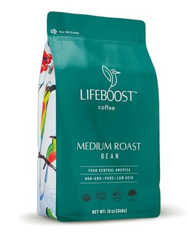 Lifeboost Organic Coffee Beans Medium Roast - Low Acid Single Origin Non-GMO Organic Whole Bean Coffee - Third Party Tested For Mycotoxins & Pesticides - 12 Ounces