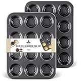 HONGBAKE Muffin Pan for Baking, Nonstick Cupcake Tin 12 Cup, 2 Pack Cup Cake Tray, Premium Cheesecake Pans, Dishwasher Safe - Dark Grey