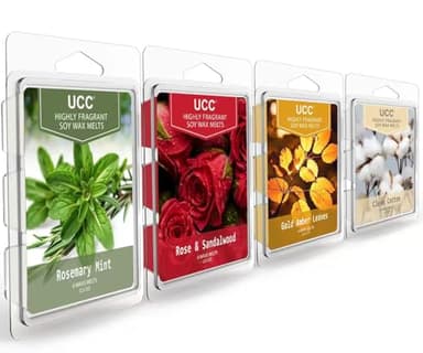 UCC Wax Melts, Soy Wax Cubes Strong Scent Long Lasting Premium Scented Mix Melts Tarts-Rosemary Mint, Rose & Sandalwood, Gold Amber Leaves, Clean Cotton - 4 Pack
