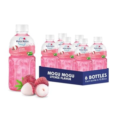 Mogu Mogu Lychee Juice Drink with Nata de Coco (Coconut Jelly) – Chewy Fruit Beverage for Kids & Adults, 6 Pack Bottles, 10.82 fl oz Each