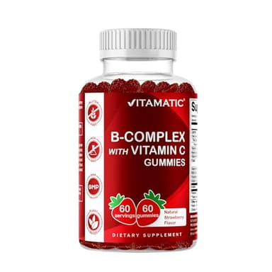 Vitamatic Vitamin B Complex Gummies with Vitamin C & Inositol - Natural Strawberry Flavor - 60 Gummies (1 Bottle)