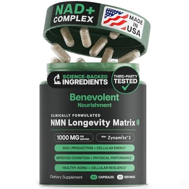 Benevolent Advanced NMN Supplement 1000mg (98% Purity) – 5-in-1 NMN Longevity Matrix with Zynamite® & PQQ for Increased NAD+ Levels, Cellular Energy, Cognitive & Healthy Aging – 60 Vegan Capsules