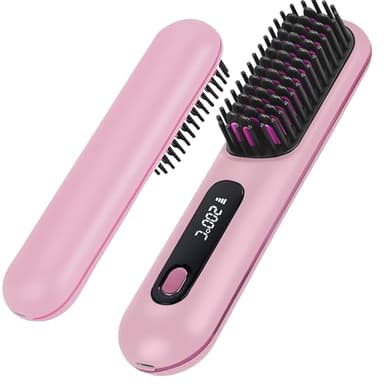 Numoya Go Brush Pro - Cordless Hair Straightener Brush Portable Comb for Travel, USB Charging, Fast Heating, with LCD Display (Pink)