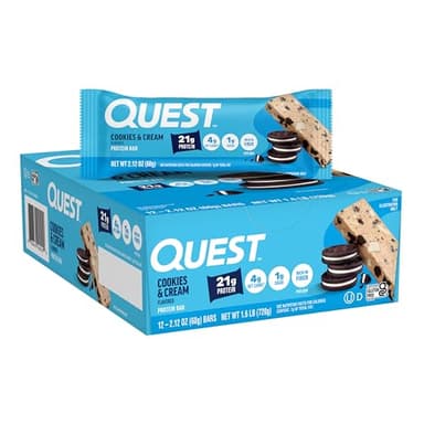 Quest Nutrition Cookies & Cream Protein Bars, 21g Protein, 1g Sugar, 4g Net Carb, High Fiber, Gluten Free, Keto Friendly, 12 Count