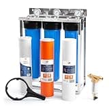Aquaboon 3-Stage Whole House Water Filter System 20x4.5 inch with Prefilter & KDF, Sediment, Carbon Filters, Gauge & Release, Wrench, Freestanding Steel Frame