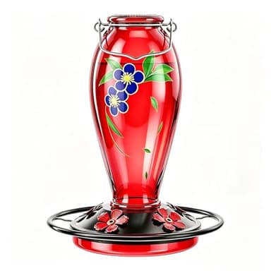24 OZ Hummingbird Feeder for Outdoors Hanging, Heavy-Duty Thick Glass Humming Bird Feeder with Floral Decals, Leak-Resistant Metal Base with 5 Feeding Ports & Perch, Decorative Garden Deco(Red)