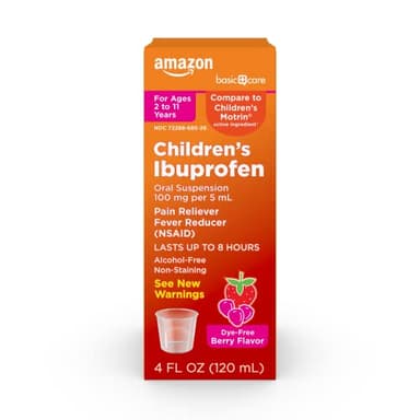 Amazon Basic Care Children's Ibuprofen Oral Suspension Syrup 100 mg per 5 mL, Pain Reliever and Fever Reducer (NSAID), Non-Staining Dye-Free Berry Flavor, 4 fl oz (Pack of 1)