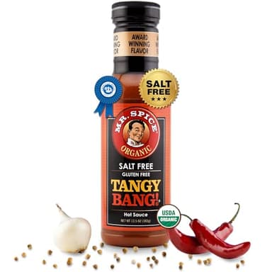 Mr. Spice Organic Hot Sauce, Salt Free Tangy Bang Hot Sauce (0mg/serving), Gluten Free, Low Sodium Sauces for Marinade, Grill & Air Fryer, No Salt Award-Winning Flavor, 13.5 Ounce (Pack of 1)
