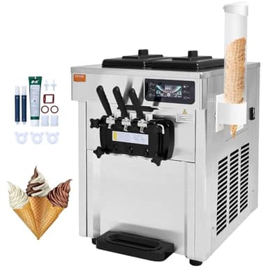 VEVOR Commercial Ice Cream Machine, 18-28 L/H Yield, 1850W 3-Flavor Countertop Soft Serve Ice Cream Maker, 2 x 5.5L Stainless Steel Cylinder, LED Panel Auto Clean Pre-cooling, for Restaurant Bars