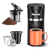 Horavie Small Single Serve Coffee Maker, Fast Brew One Cup Coffee Machine for K Cup and Grounds, 6 to 12 oz. Brew Sizes, Capsule Coffee Machine with Descaling Reminder and Viewing Tank, Black