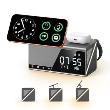 4URPC 6-in-1 Alarm Clock Wireless Charging Station for Apple Multiple Devices,MagSafe Charging Dock for iPhone 17/16/15/14/13 Series, Apple Watch, AirPods,Wireless Charger with Night Light/Alarm Clock