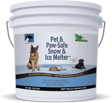 JUST FOR PETS Snow & Ice Melter Safe for Pets & Paws Contains No Toxic Chlorides or Painful to The Paw Rock Salt, Safe for Dogs & Cats. Fast Acting and Works On Contact 35 lb Bucket