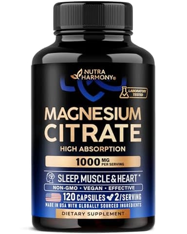 Magnesium Citrate Capsules 1000mg | High Absorption Supplement - Sleep, Muscle & Heart Support - Vegan | Non-GMO - Made in USA - As Powder | Pills | Tablets - 120 Capsules, 2 Month Supply