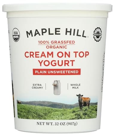 Maple Hill Creamery Organic Cream on Top Yogurt - USDA Organic Whole Milk Yogurt – Unsweetened No Sugar Added– 100% Certified Grass-Fed Yogurt, Plain, 32 oz