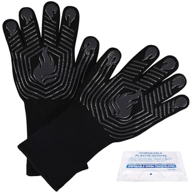 BBQ Gloves, 1472°F Heat Resistant Gloves Fireproof Mitts, Grilling Gloves Silicone Non-Slip Washable Oven Glove, Kitchen Glove for Barbecue, Grilling, Cooking, Baking, Camping, Smoker (Black)
