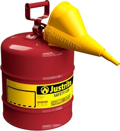 Justrite 5 Gallon Type I Red Safety Gas Can for Gasoline with Flame Arrester, Self-Closing Lid, and Funnel, Made in the USA, Galvanized Steel Flammable Storage Can, 7150110