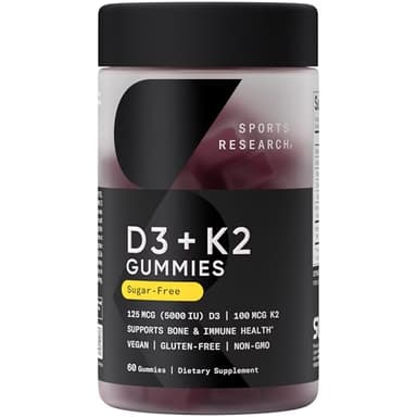 Sports Research® Vegan Vitamin D3 + K2 Gummy Supplements - 5000iu Vitamin D with 100mcg Mk7 Vitamin K - Supports Bone& Immune Health* - 60 Gummies for Adults, for Women, 1 Month Supply